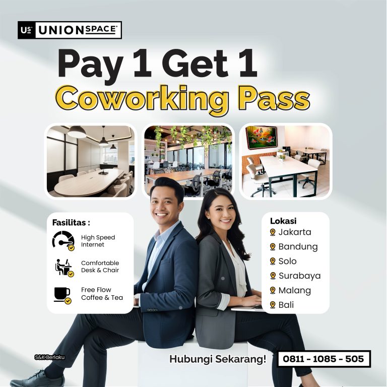 Promo Virtual Office UnionSPACE Jakarta dengan diskon 30% di berbagai lokasi strategis seperti Sahid Sudirman, PIK, Jakarta Utara, Jakarta Selatan, dan Jakarta Barat, lengkap dengan fasilitas bisnis profesional.
