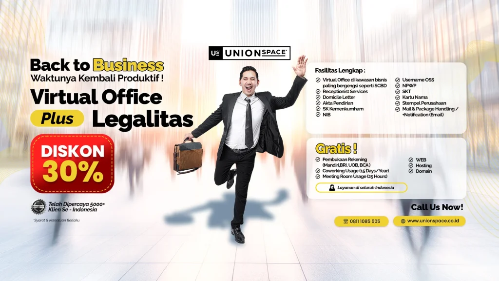 Promo Virtual Office plus legalitas UnionSPACE diskon 30 persen seluruh Indonesia