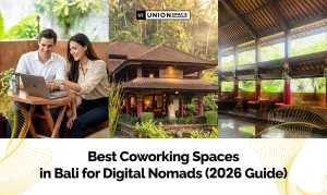 Digital nomads working on laptops and UnionSPACE Bali coworking spaces in Bali Ubud with tropical workspace interior