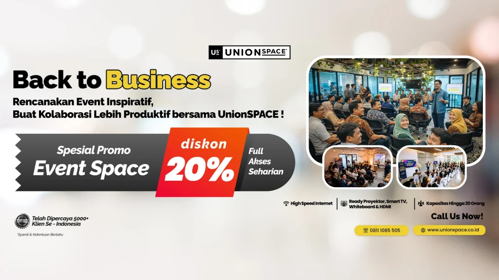 Event space UnionSPACE Jakarta untuk seminar, workshop, meeting dan gathering dengan fasilitas proyektor, smart TV, internet cepat dan kapasitas 20 orang