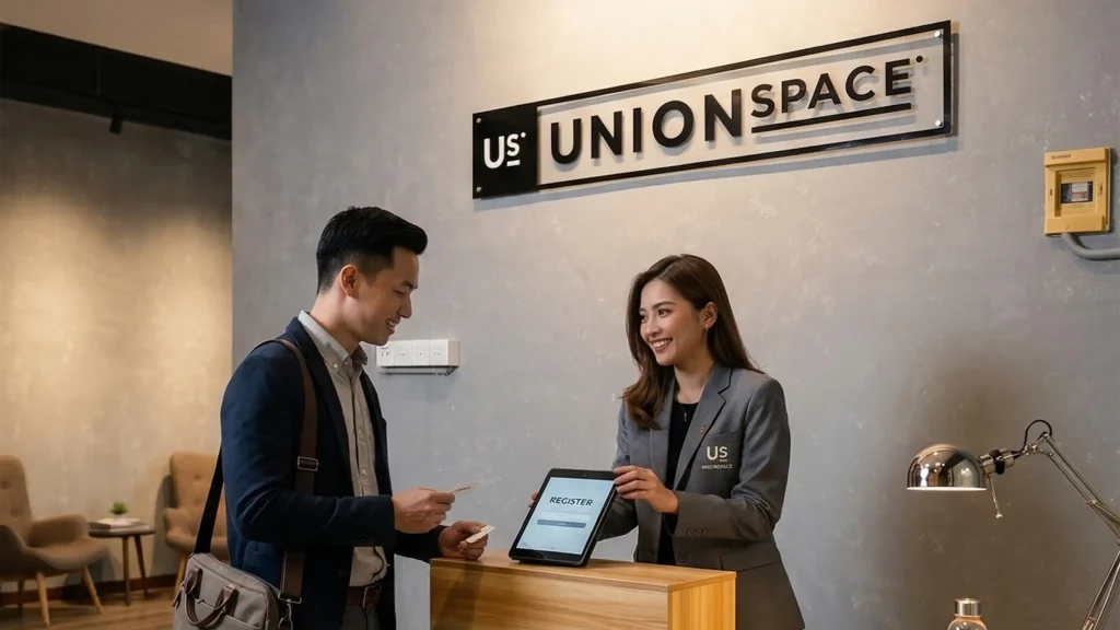 Resepsionis workspace Surabaya UnionSPACE dengan layanan profesional dan area front desk modern di Surabaya Timur
