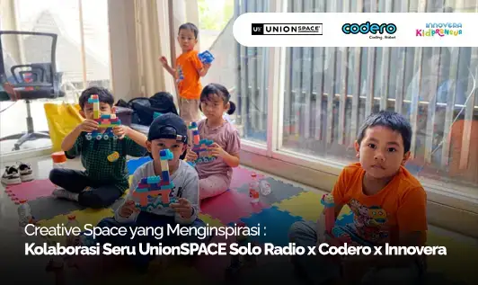 Anak-anak mengikuti kegiatan kreatif di event Creative Space Solo Radio bersama UnionSPACE, Codero, dan Innovera dalam ruang belajar modern dan inspiratif.