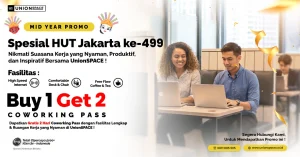 Tips Terbaik Sewa Ruang Kantor di Jakarta Promo coworking space Jakarta UnionSPACE Buy 1 Get 2 Free coworking pass dengan fasilitas internet cepat, meja kerja nyaman, dan free flow coffee & tea di Sahid Sudirman, SCBD Treasury Tower, Kelapa Gading, PIK Avenue Mall, dan Burza Tower PIK.