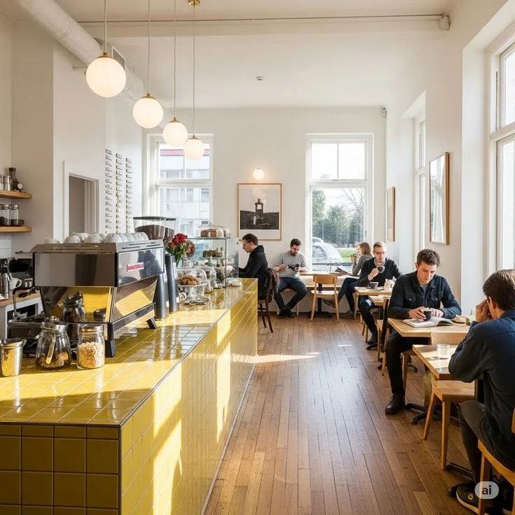 Tips Terbaik Sewa Ruang Kantor di Jakarta Interior kafe modern dengan pencahayaan alami, meja kayu, dan area duduk nyaman untuk bekerja serta menikmati kopi.